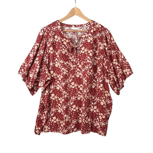 LC Lauren Conrad Womens Lightweight Boho Top Size 3X Red Floral Tie V Neck Fairy - Picture 1 of 9